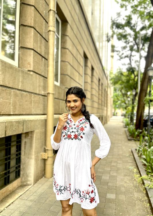 Trendy White long top-tunics with embroidery work for women